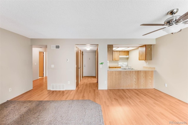 4896 S Dudley St Unit 4-7, Littleton, CO 80123 - kitchen featuring light wood finished floors, electric stove, light countertops, a textured ceiling, and a ceiling fan