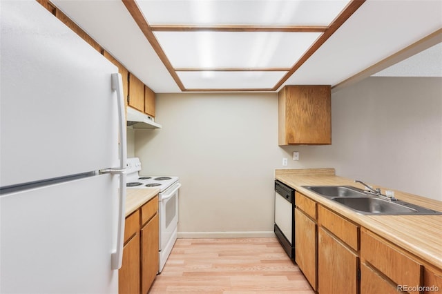 4896 S Dudley St Unit 4-7, Littleton, CO 80123 - kitchen featuring white appliances, a sink, under cabinet range hood, and light countertops