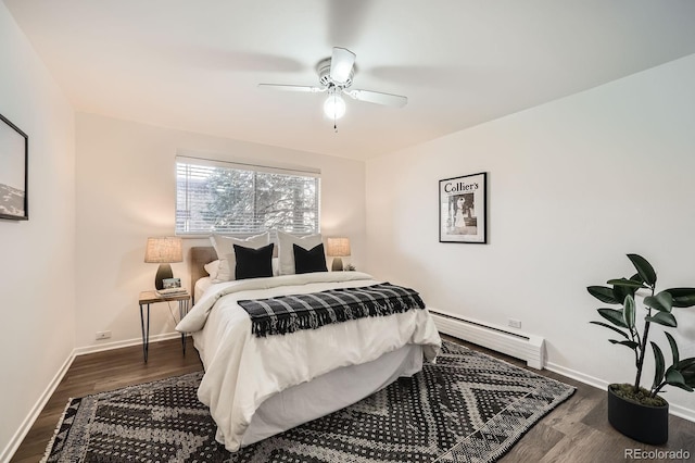 bedroom featuring ceiling fan, wood finished floors, baseboards, and a baseboard radiator