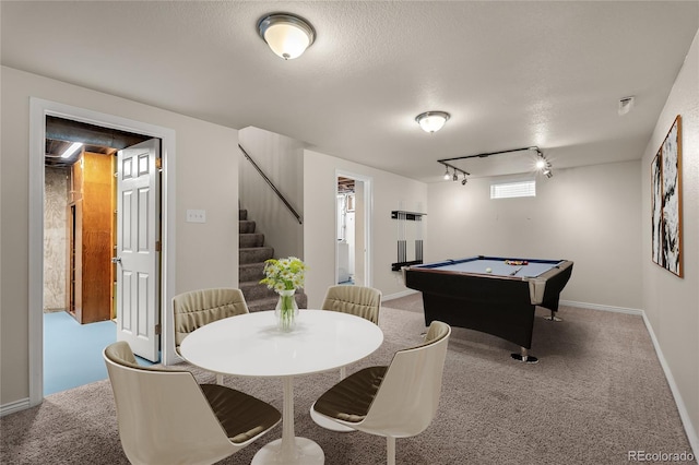 2907 Pennsylvania Ave, Colorado Springs, CO 80907 - game room with rail lighting, carpet, pool table, baseboards, and a textured ceiling