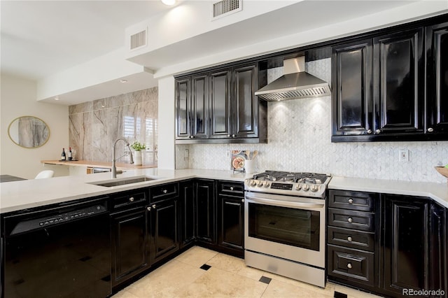 2500 E Cherry Creek S Drive 306, Denver, CO 80209 - kitchen with stainless steel gas stove, black dishwasher, dark cabinets, a sink, and wall chimney exhaust hood