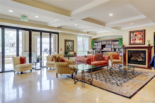 2500 E Cherry Creek S Drive 306, Denver, CO 80209 - living area featuring crown molding, coffered ceiling, beamed ceiling, light tile patterned floors, and a glass covered fireplace