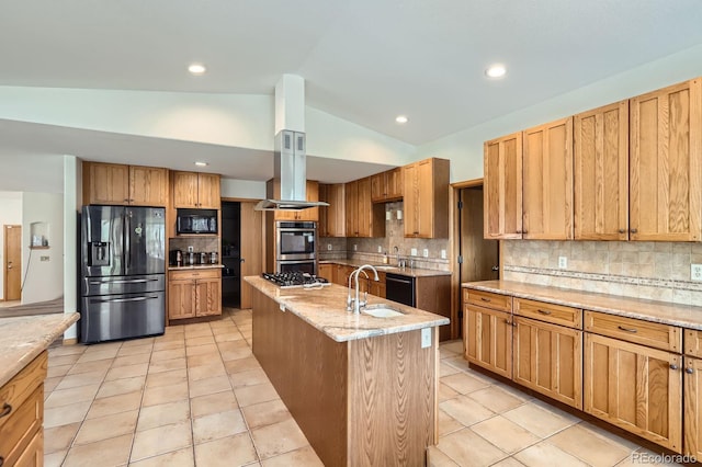 kitchen featuring light stone countertops, vaulted ceiling, backsplash, black appliances, and a center island with sink