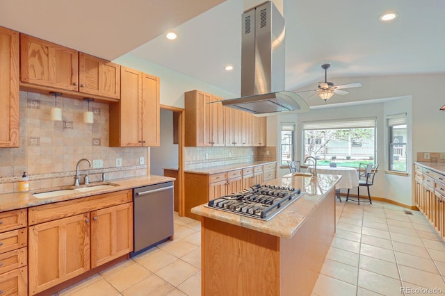 kitchen with lofted ceiling, light tile patterned floors, a sink, island exhaust hood, and appliances with stainless steel finishes