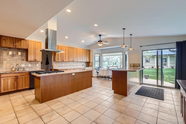kitchen with island exhaust hood, a sink, a kitchen island with sink, backsplash, and light tile patterned flooring