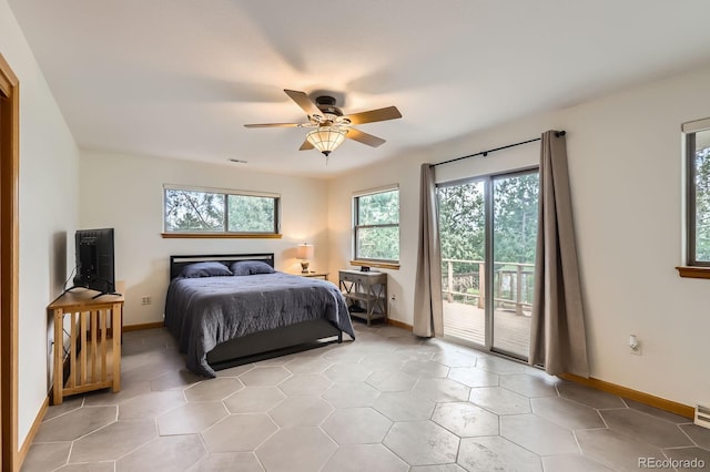 bedroom featuring light tile patterned flooring, baseboards, visible vents, ceiling fan, and access to outside