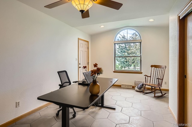 office with a ceiling fan, baseboards, vaulted ceiling, light tile patterned flooring, and recessed lighting