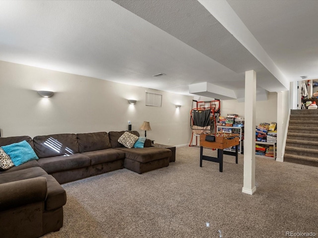 6166 S Dover St, Littleton, CO 80123 - carpeted living room featuring baseboards and stairs