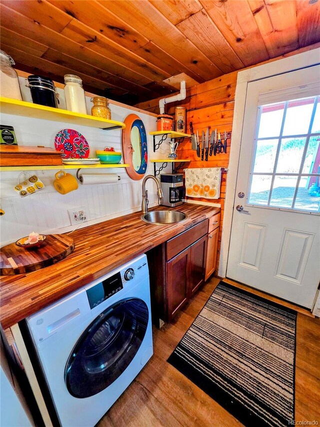 163 Ward St, Bailey, CO 80421 - washroom with washer / dryer, wood ceiling, a sink, and wood finished floors