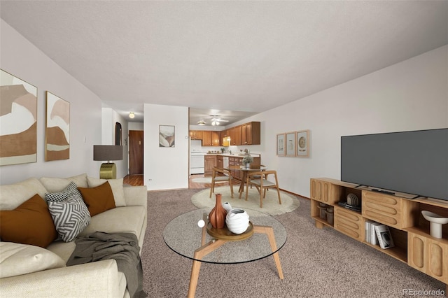 living room with light colored carpet and a textured ceiling