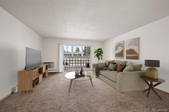 carpeted living room featuring a textured ceiling and baseboard heating