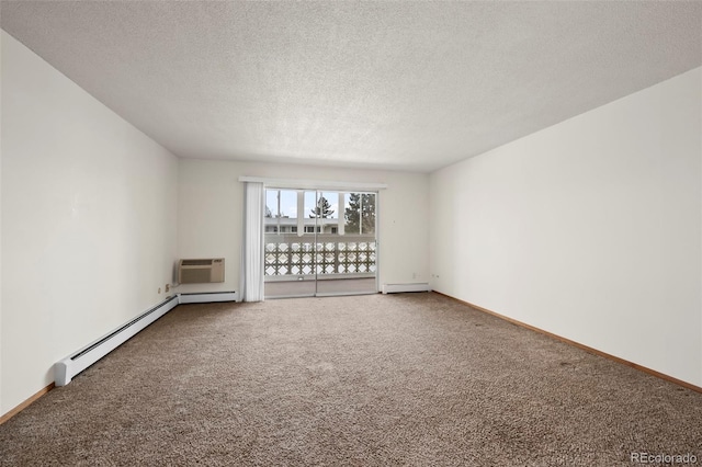 empty room featuring carpet, a baseboard heating unit, a wall mounted air conditioner, and a textured ceiling