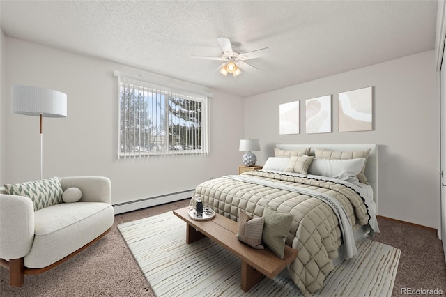 carpeted bedroom with ceiling fan, a baseboard radiator, and a textured ceiling