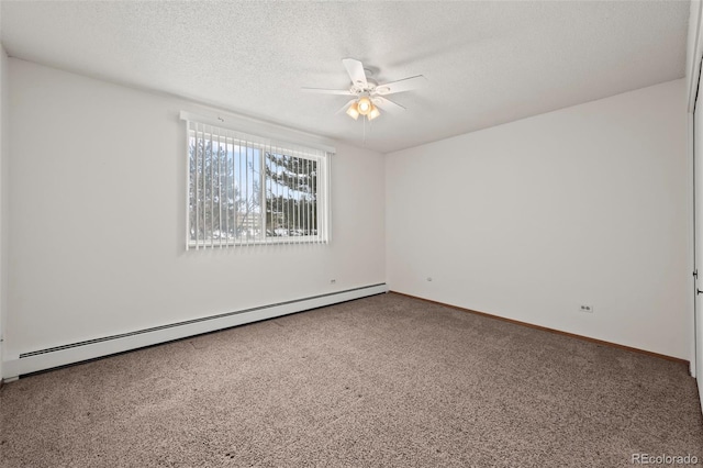 carpeted empty room featuring baseboard heating, ceiling fan, and a textured ceiling