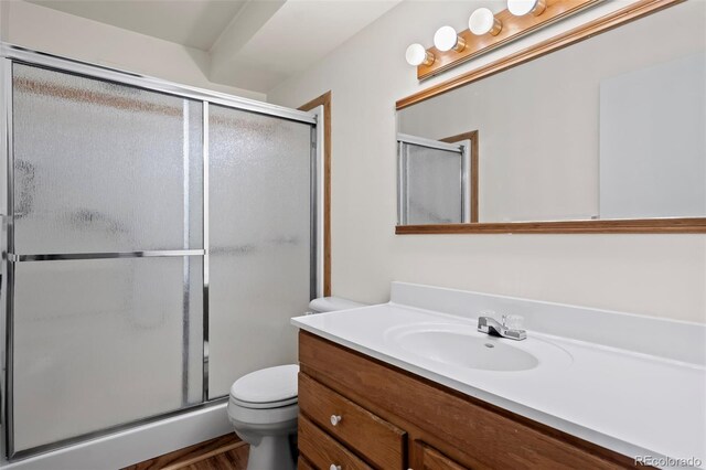 full bathroom featuring toilet, a shower with door, and vanity