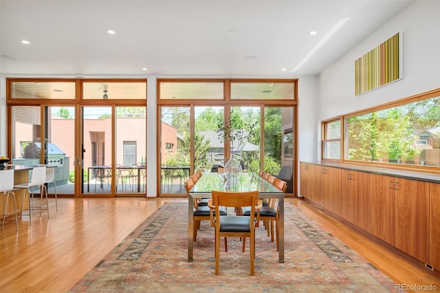 1188 S Sherman St, Denver, CO 80210 - dining room with light wood-style flooring, a wainscoted wall, and recessed lighting