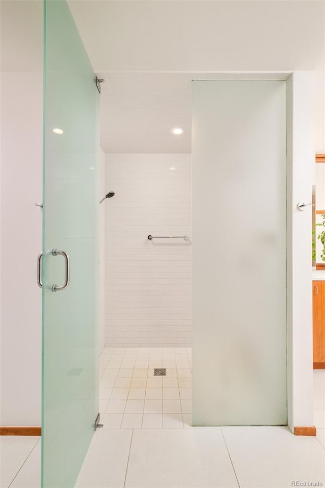 1188 S Sherman St, Denver, CO 80210 - full bathroom with a shower stall, tile patterned flooring, and recessed lighting