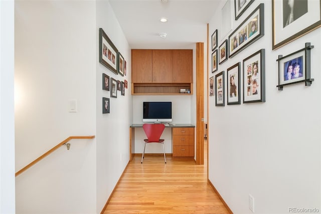 1188 S Sherman St, Denver, CO 80210 - hall with light wood-style floors, a desk, recessed lighting, and baseboards