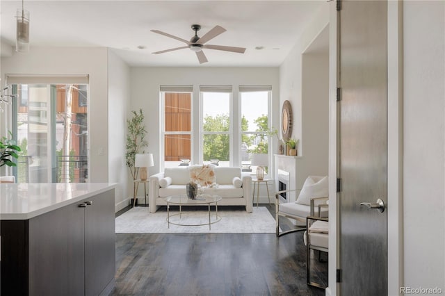 1932 W 32nd Ave, Denver, CO 80211 - living room with ceiling fan and dark wood finished floors