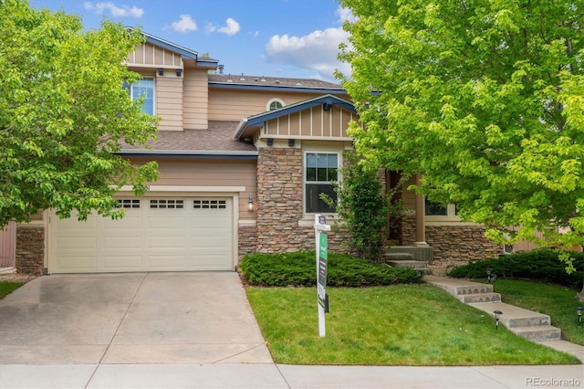 2601 Pemberly Ave, Highlands Ranch, CO 80126 - craftsman-style house featuring stone siding, an attached garage, concrete driveway, a front lawn, and a shingled roof