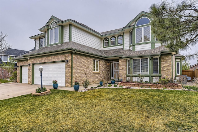 view of front of house featuring brick siding, concrete driveway, an attached garage, and roof with shingles