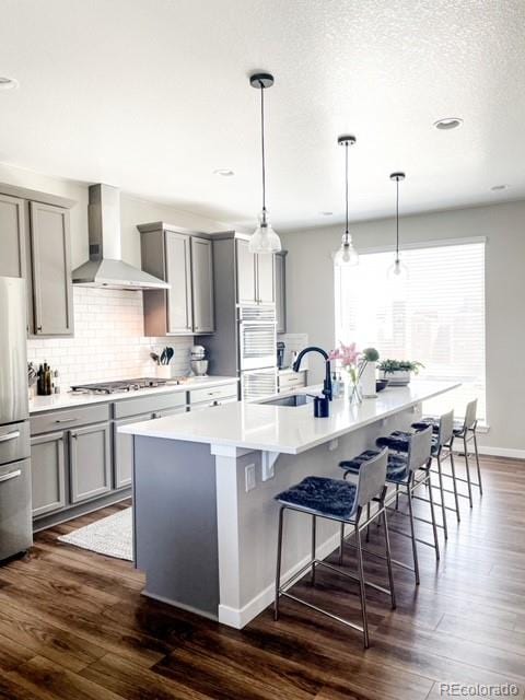 kitchen with a kitchen island with sink, wall chimney exhaust hood, sink, pendant lighting, and appliances with stainless steel finishes