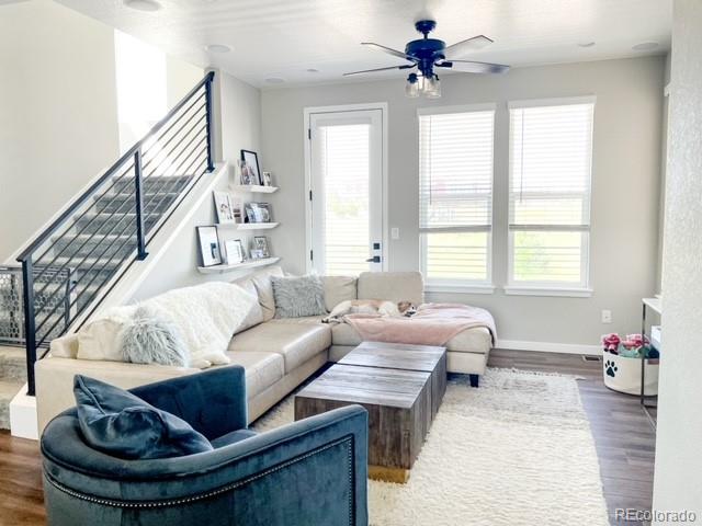 living room with ceiling fan and hardwood / wood-style floors