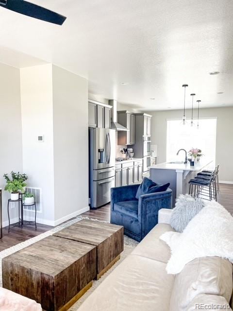 living room featuring sink and hardwood / wood-style floors