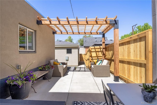 2355 N Emerson St, Denver, CO 80205 - view of patio with outdoor lounge area, a fenced backyard, and a pergola