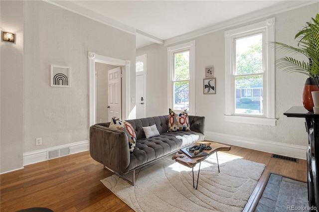 2355 N Emerson St, Denver, CO 80205 - living room with wood finished floors, baseboards, and a textured wall