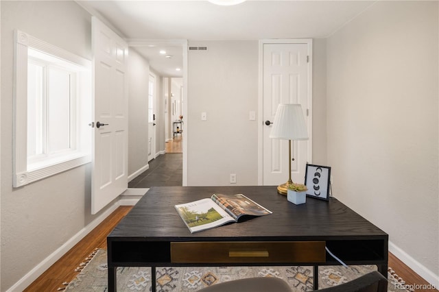 2355 N Emerson St, Denver, CO 80205 - home office featuring baseboards, dark wood finished floors, and recessed lighting