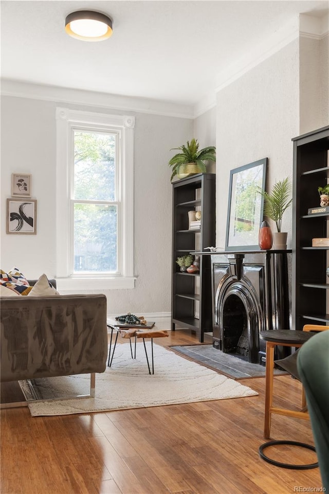 2355 N Emerson St, Denver, CO 80205 - living area featuring ornamental molding, wood finished floors, a fireplace with flush hearth, and baseboards