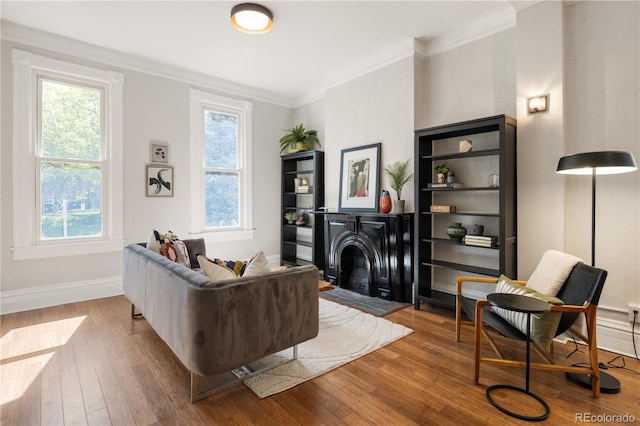 2355 N Emerson St, Denver, CO 80205 - living room featuring wood-type flooring, healthy amount of natural light, crown molding, and baseboards