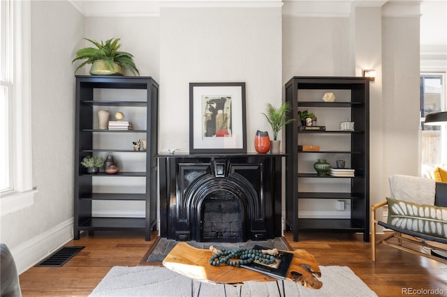 2355 N Emerson St, Denver, CO 80205 - living area featuring ornamental molding, wood finished floors, plenty of natural light, a fireplace with flush hearth, and baseboards
