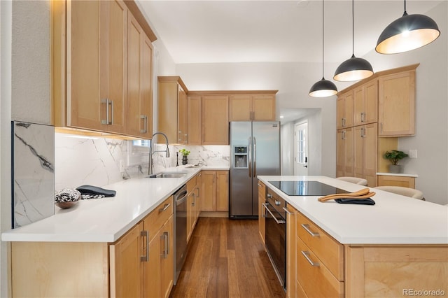 2355 N Emerson St, Denver, CO 80205 - kitchen featuring appliances with stainless steel finishes, a sink, dark wood-style floors, a kitchen island, and decorative backsplash
