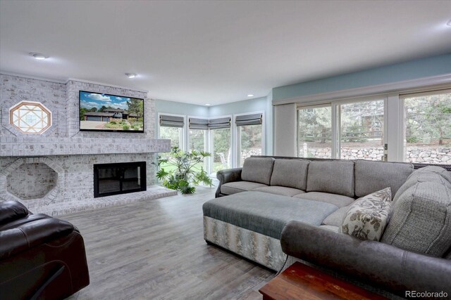 7715 S Hudson Ct, Centennial, CO 80122 - living room with wood finished floors, a fireplace, and recessed lighting