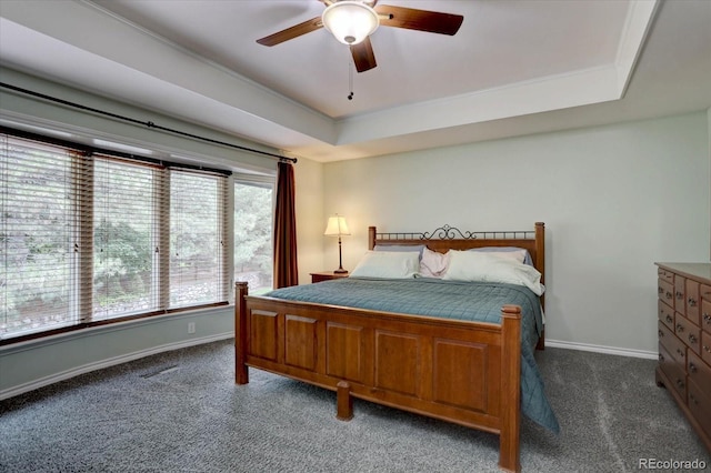 7715 S Hudson Ct, Centennial, CO 80122 - bedroom featuring carpet, a raised ceiling, baseboards, and a ceiling fan