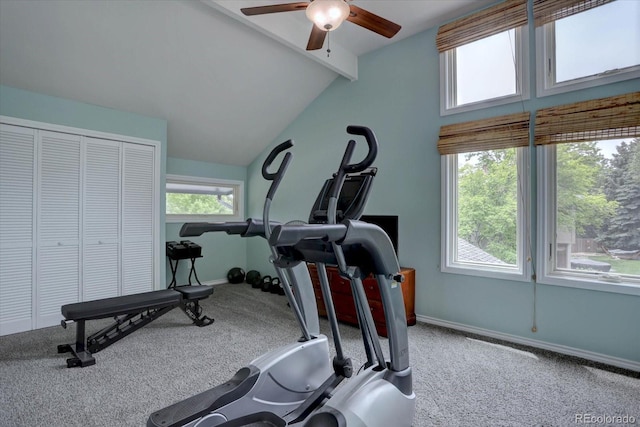 7715 S Hudson Ct, Centennial, CO 80122 - exercise area featuring a ceiling fan, vaulted ceiling, carpet floors, healthy amount of natural light, and baseboards