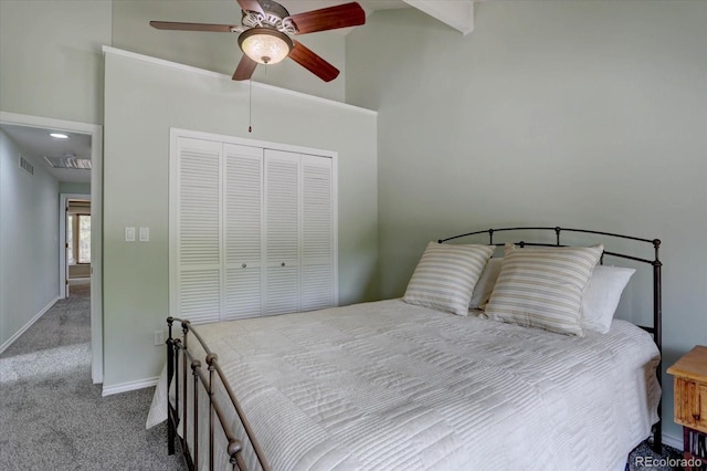 7715 S Hudson Ct, Centennial, CO 80122 - carpeted bedroom with a closet, high vaulted ceiling, baseboards, and a ceiling fan