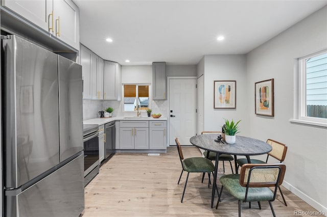 kitchen featuring appliances with stainless steel finishes, gray cabinets, tasteful backsplash, and light hardwood / wood-style floors