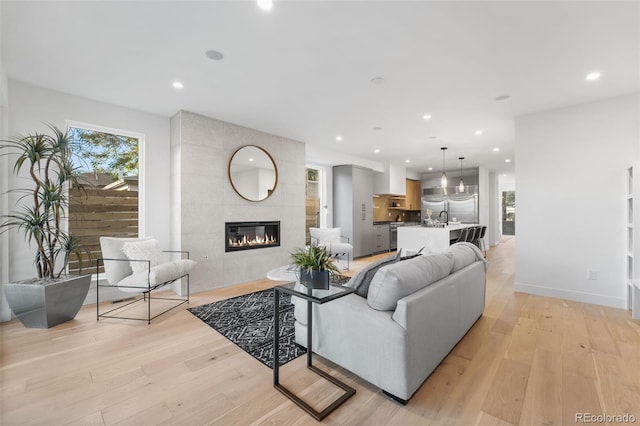 living room with a fireplace, light wood-type flooring, and sink