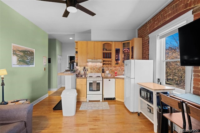 1450 N High St Unit 3, Denver, CO 80218 - kitchen with white appliances, open shelves, under cabinet range hood, a ceiling fan, and decorative backsplash