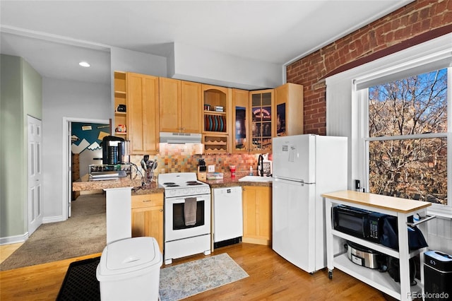 1450 N High St Unit 3, Denver, CO 80218 - kitchen featuring white appliances, under cabinet range hood, open shelves, light brown cabinetry, and glass insert cabinets