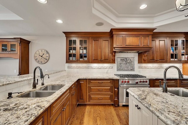 kitchen featuring a sink, a tray ceiling, luxury stove, light wood-style floors, and recessed lighting