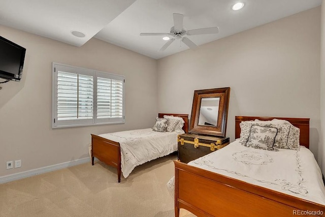 bedroom with baseboards, carpet, recessed lighting, and a ceiling fan