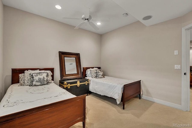 bedroom with carpet floors, baseboards, a ceiling fan, and recessed lighting