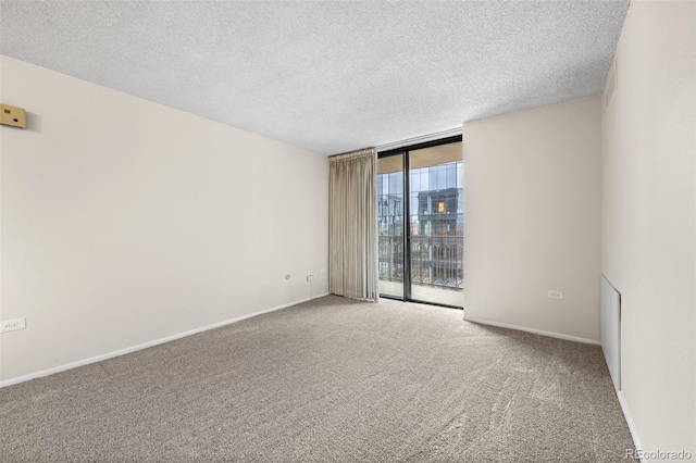 carpeted empty room featuring a textured ceiling and floor to ceiling windows