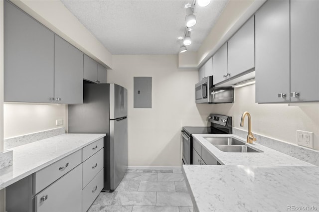 kitchen featuring sink, a textured ceiling, appliances with stainless steel finishes, gray cabinets, and electric panel