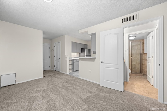 unfurnished living room with a textured ceiling and light colored carpet