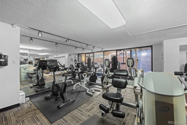 workout area with carpet flooring, track lighting, floor to ceiling windows, and a textured ceiling